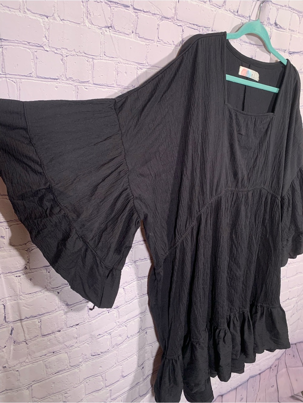 Free People Beach Mini Dress Black Flared Sleeves Sqaure Neck M Oversized - Picture 1 of 5